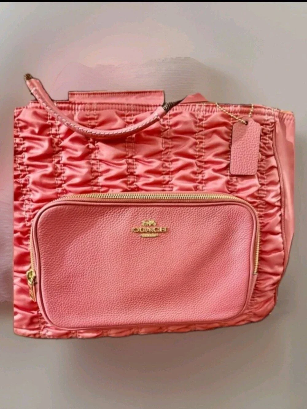 Coach Pink Ruched Nylon/Leather Court Tote with Front Zip Pocket-EUC - Picture 5 of 13
